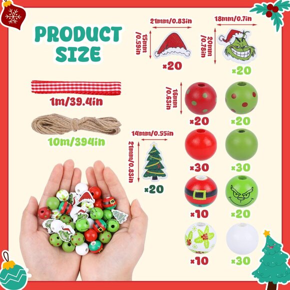 232Pcs Christmas Wooden Beads with Jute Twine Red Green round Craft Beads, NEW - Picture 2 of 5